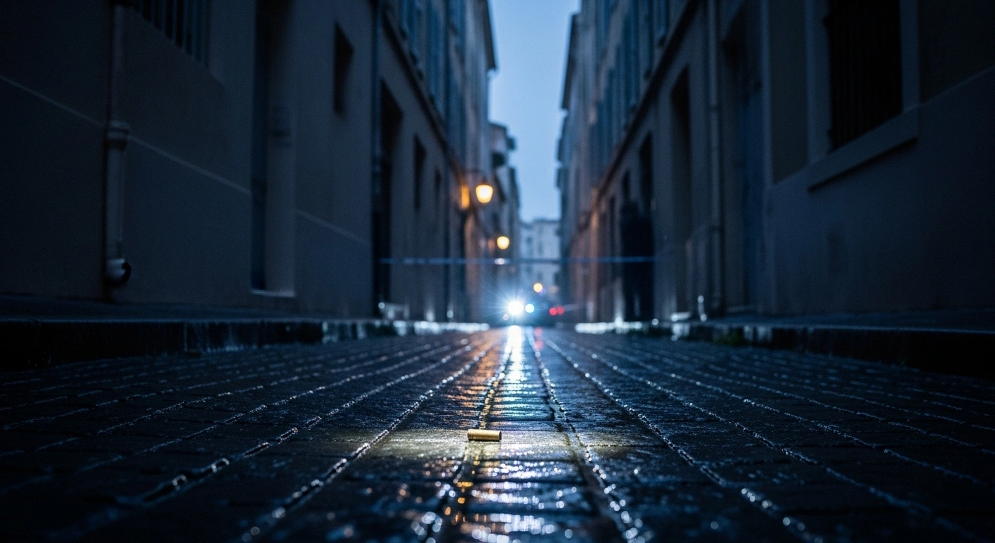 A dimly lit, rain-slicked alley in Nice, France, with a single forensic light illuminating a shell casing, depicting the aftermath of a shooting incident linked to drug trafficking and an ongoing police investigation into organized gang murder.