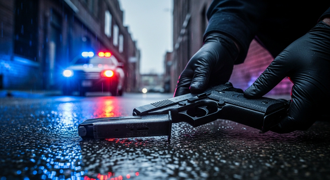A pair of gloved hands secures a dark handgun with an extended magazine and defaced serial number on a wet, rain-slicked pavement in a dimly lit alleyway, depicting the aftermath of the arrest of Nicholas Singh, a suspect on Canada's 25 Most Wanted list, in Toronto.