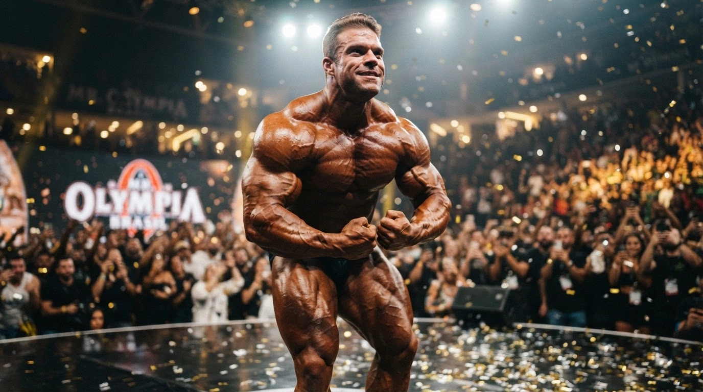 American bodybuilder Nick Walker strikes a triumphant pose on stage after winning the Open category at the 2026 Mr. Olympia competition in Brazil.