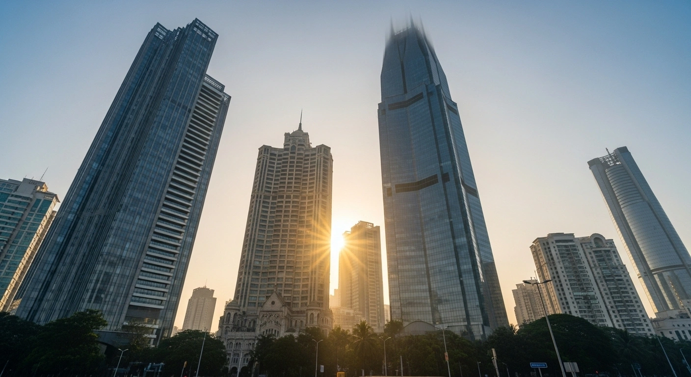 A low-angle, dawn photograph of the modern Mumbai skyline, with golden light reflecting off skyscrapers and a subtle upward motion blur, symbolizing the surge of Indian benchmark indices like Nifty and Sensex and increased investor confidence, following US Federal Reserve interest rate cuts and US-India trade negotiations.