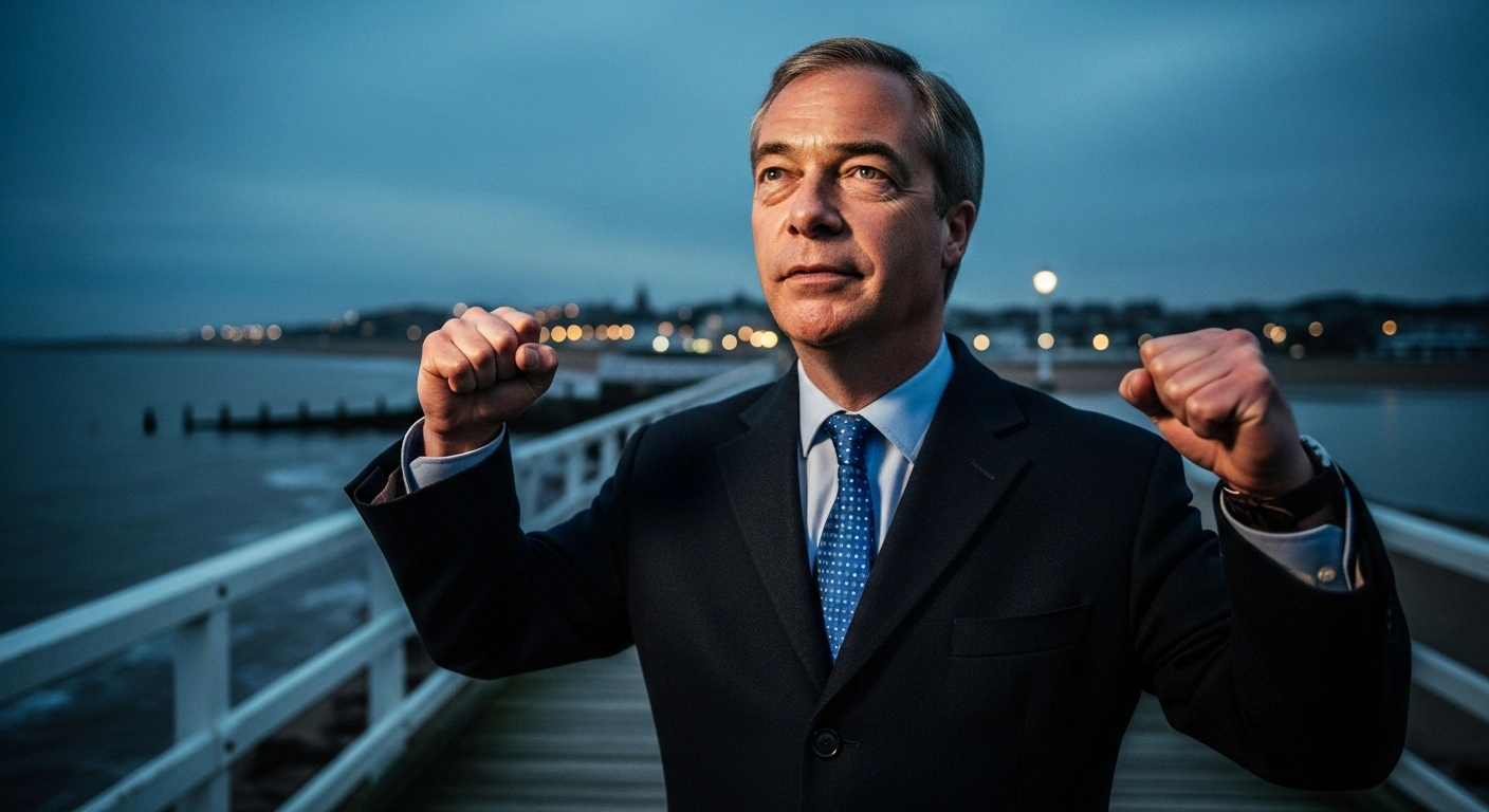 Nigel Farage stands on a coastal pier in Clacton following his historic victory in the 2024 United Kingdom general election.