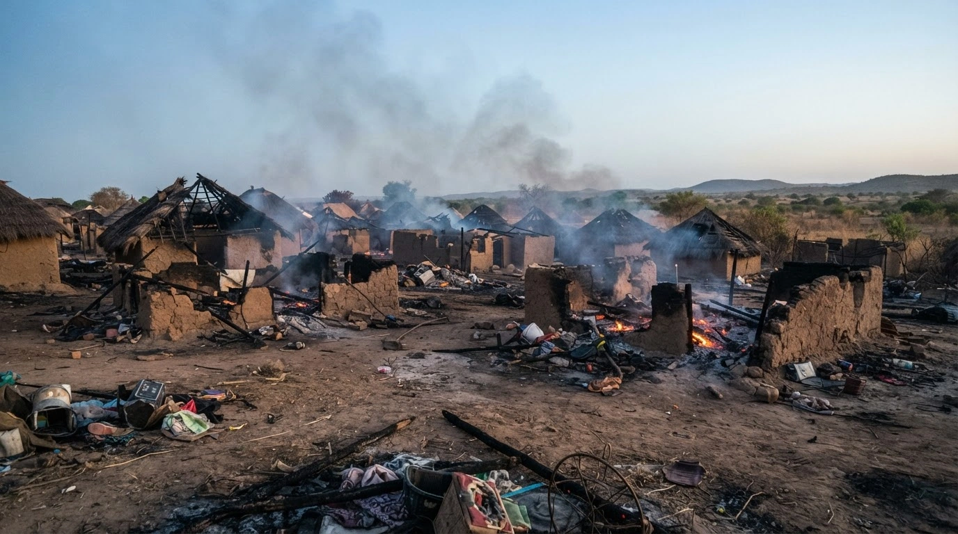 The smoldering ruins of homes destroyed by bandits in a rural Niger State community after a violent attack.
