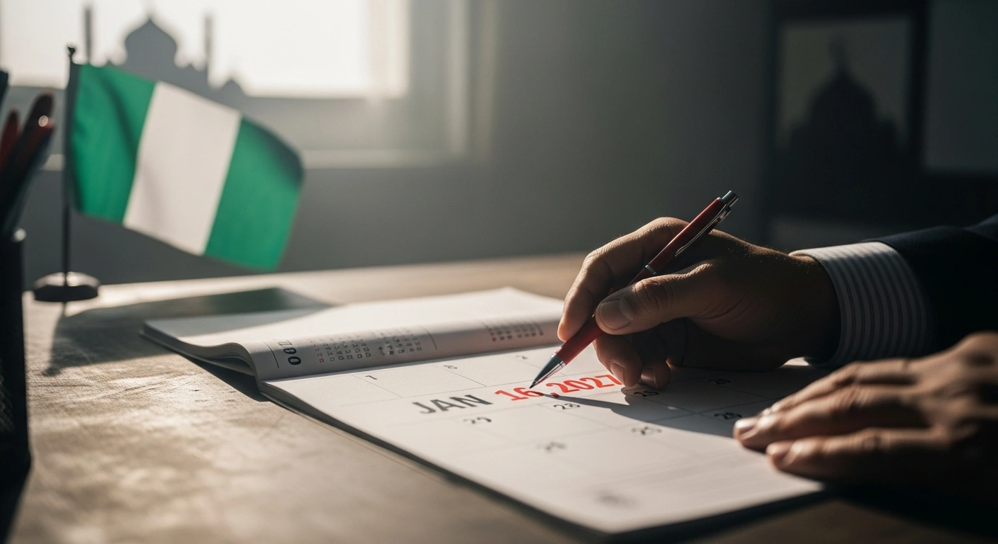 A hand hovers over a calendar page highlighting January 16, 2027, on an official desk, with a blurred Nigerian flag and a subtle silhouette of a mosque in the background, representing Nigeria's INEC moving the 2027 presidential and National Assembly elections to that date due to the Electoral Act and Ramadan.