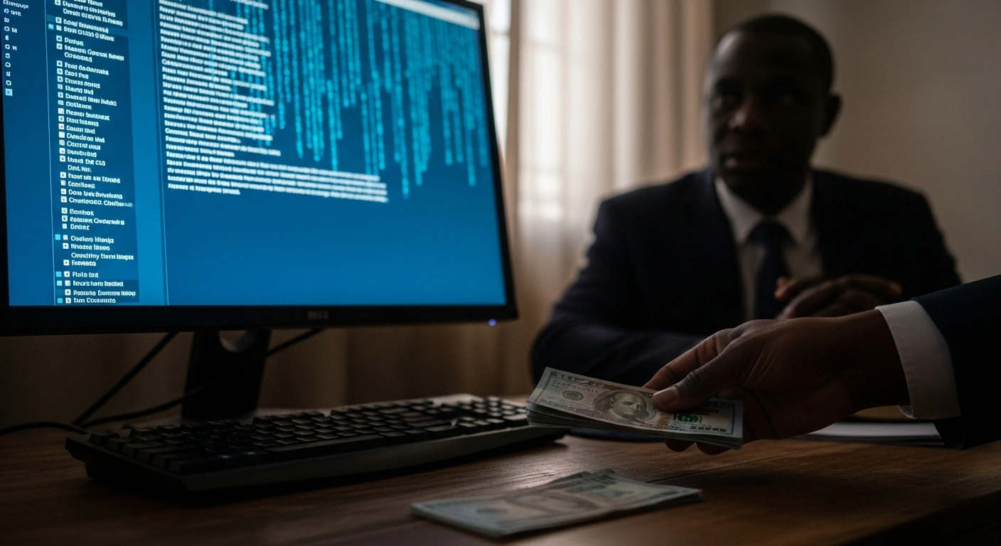 A glowing computer screen, representing the INEC IReV portal uploading Anambra governorship election results, casts light on a hand discreetly placing cash on a table amidst widespread vote-buying allegations that led to EFCC arrests.