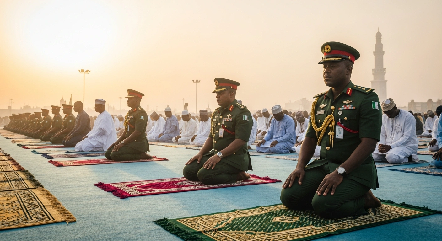 A wide, low-angle shot captures uniformed Nigerian military personnel and civilians kneeling on prayer mats during a solemn Juma'at prayer, bathed in golden dawn light, symbolizing the commencement of Nigeria's Armed Forces Celebration and Remembrance Day to honor fallen heroes and serving personnel.