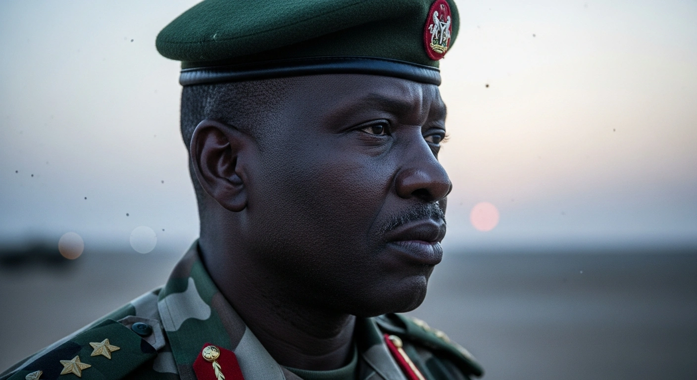 Lieutenant General Waidi Shaibu, Nigeria's Chief of Army Staff, stands resolute in the pre-dawn light, symbolizing his pledge to escalate operations against terrorists in the country's northern regions.