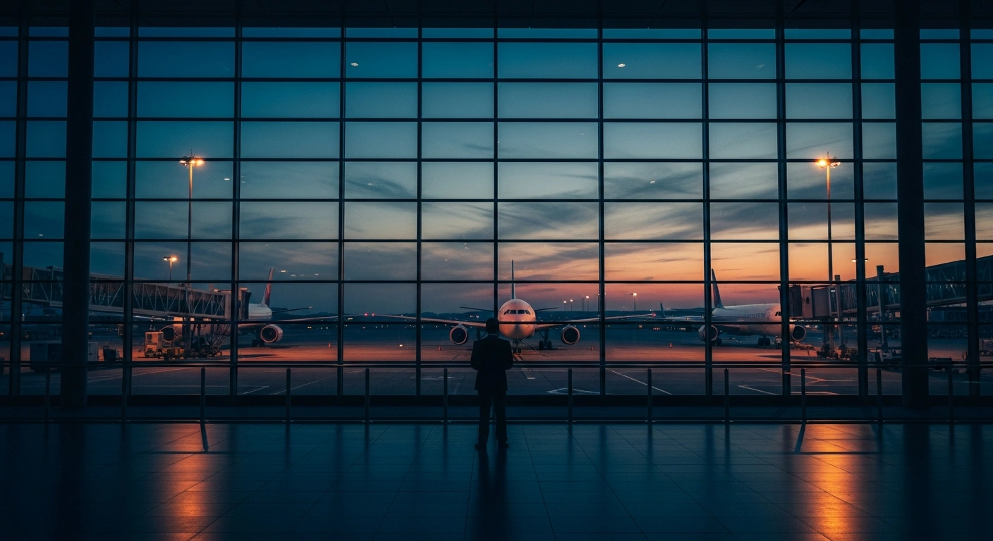 A representative of the Nigeria Civil Aviation Authority stands in a quiet airport terminal as grounded planes remain idle during an industrial action.