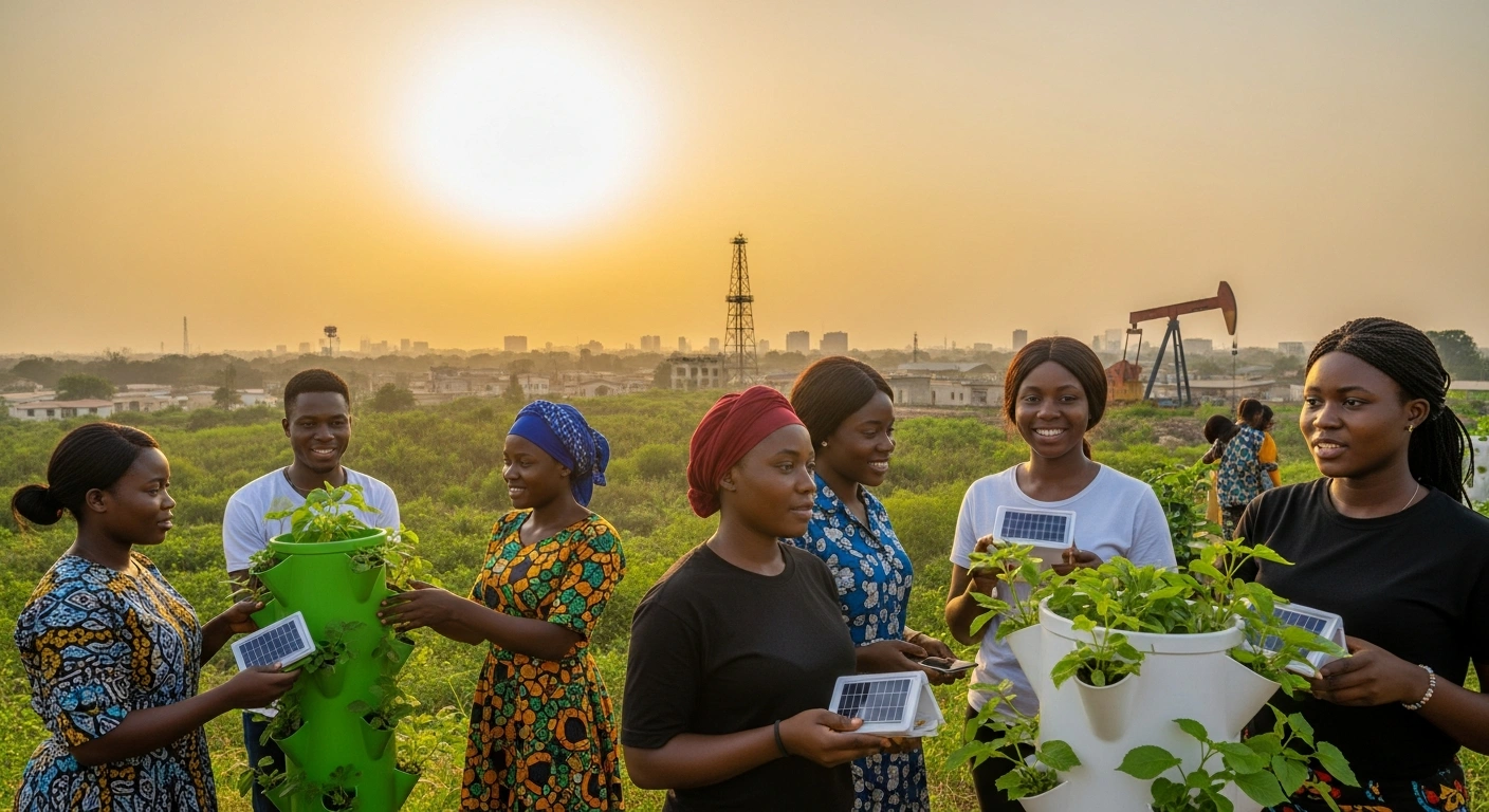 A diverse group of young Nigerian women and men are actively engaged in green, sustainable initiatives like vertical farming and solar technology, symbolizing Nigeria's Beyond Oil and Gas Alliance (BOGA) Fund Programme to diversify its economy away from oil and gas, focusing on green growth and opportunities for youth and women.
