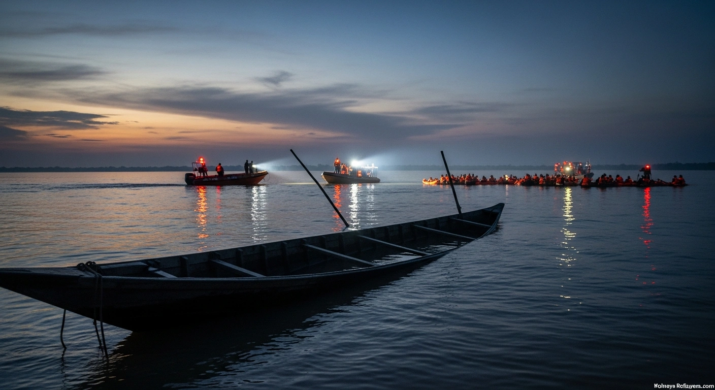 A wide, low-angle shot at twilight shows a capsized wooden canoe partially submerged in a murky river, with rescue boats in the mid-ground illuminating the water as figures search for missing persons following a tragic boat accident on the Yobe-Jigawa border in Nigeria.