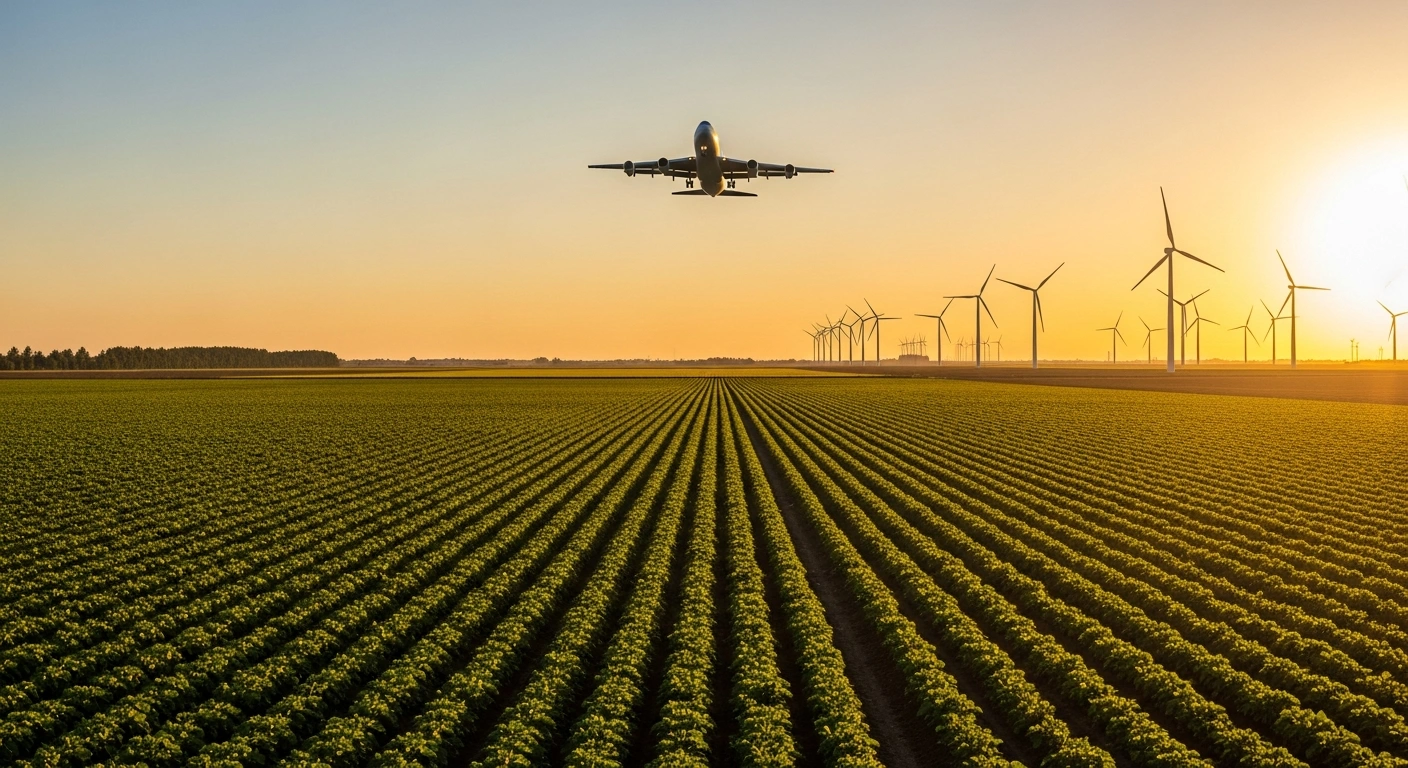 A wide-angle, golden hour photograph depicts a fertile agricultural landscape transitioning into a modern energy farm with wind turbines, as a cargo jet takes off, symbolizing enhanced economic cooperation and trade in agriculture, energy, and infrastructure between Nigeria and Brazil.