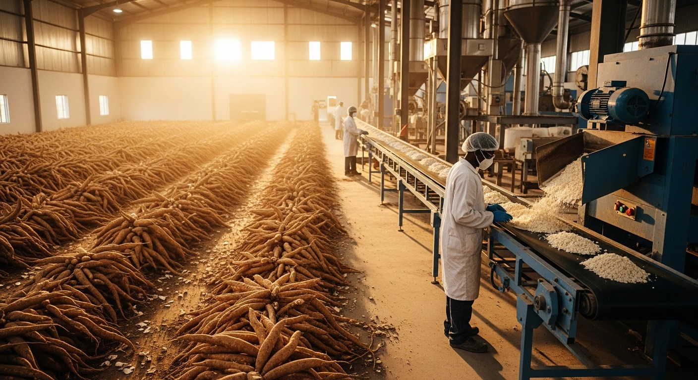 A Nigerian agricultural worker inspects processed cassava in a modern industrial facility to highlight the transition toward value-added farming.