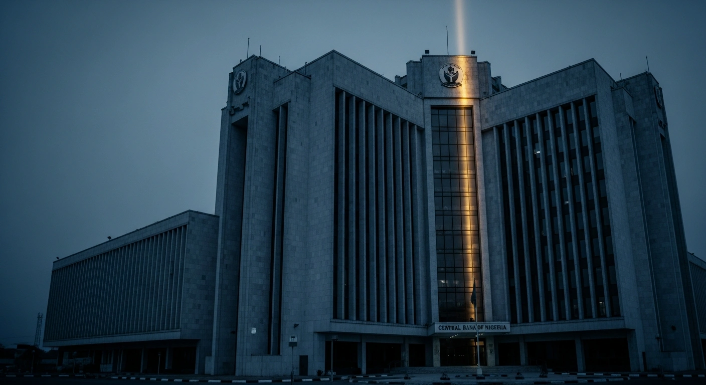 A low-angle, wide shot of the Central Bank of Nigeria's headquarters at dusk, bathed in cool blue light with a golden spotlight on its facade, symbolizing the bank's decision under Governor Olayemi Cardoso to maintain the benchmark interest rate at 27% to consolidate economic gains and curb inflation.
