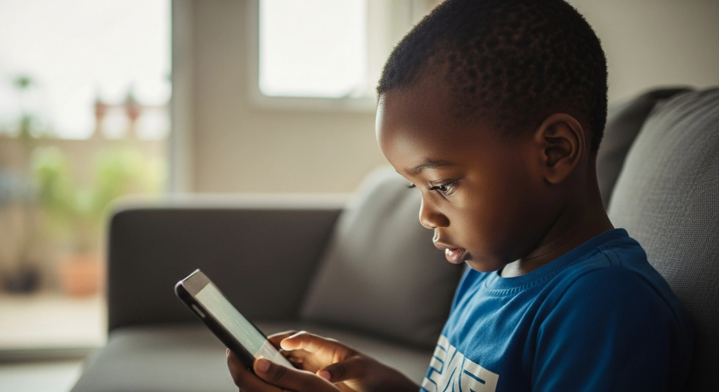 A young child uses a tablet in a modern home as the Nigerian government develops new digital safety regulations to protect minors online.