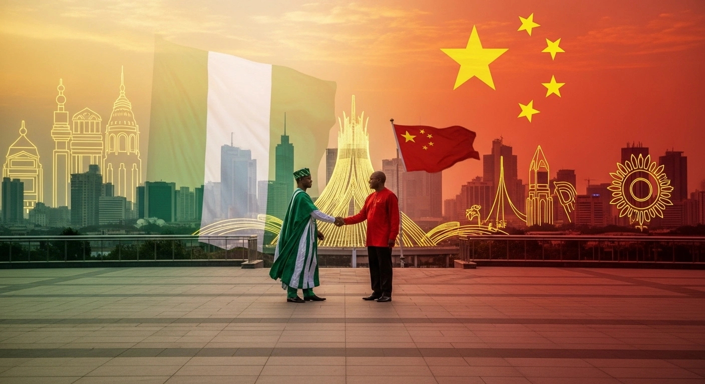 A symbolic image of Nigeria and China's joint celebration in Lagos, depicting two figures representing the nations shaking hands against a backdrop of blended cultural motifs, signifying their strategic partnership, bilateral trade, and renewed currency swap agreement.