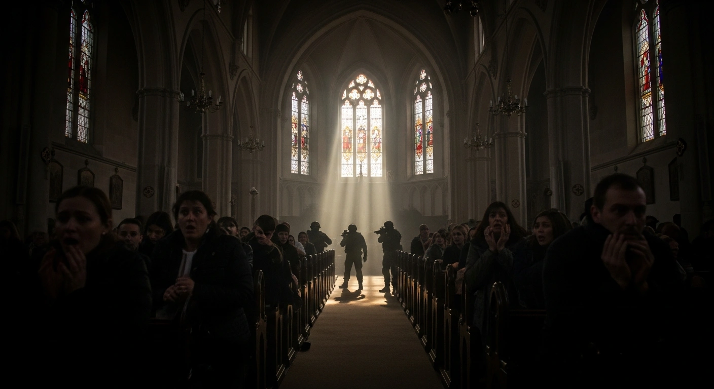 Heavily armed gunmen, described as bandits, stand menacingly over a terrified congregation inside a dimly lit church, depicting the abduction of over 160 worshippers during coordinated attacks on three churches in Kurmin Wali, Kajuru Local Government Area of Kaduna State, Nigeria.