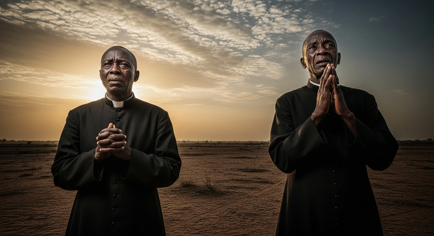 A weathered Catholic priest, illuminated by a dramatic shaft of golden light against a dusty northern Nigerian dawn, stands with clasped hands, his face reflecting sorrow and unwavering resolve, symbolizing the Church's plea for enhanced security amidst killings and abductions.
