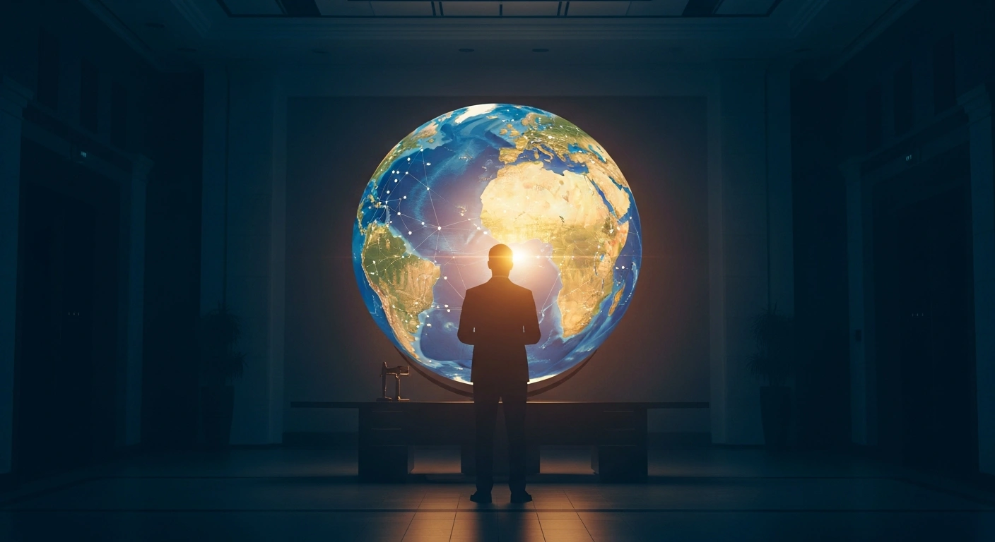 A diplomat stands in a dimly lit office in front of an illuminated globe to represent the Nigerian government's condemnation of Houthi attacks on Saudi Arabian infrastructure.