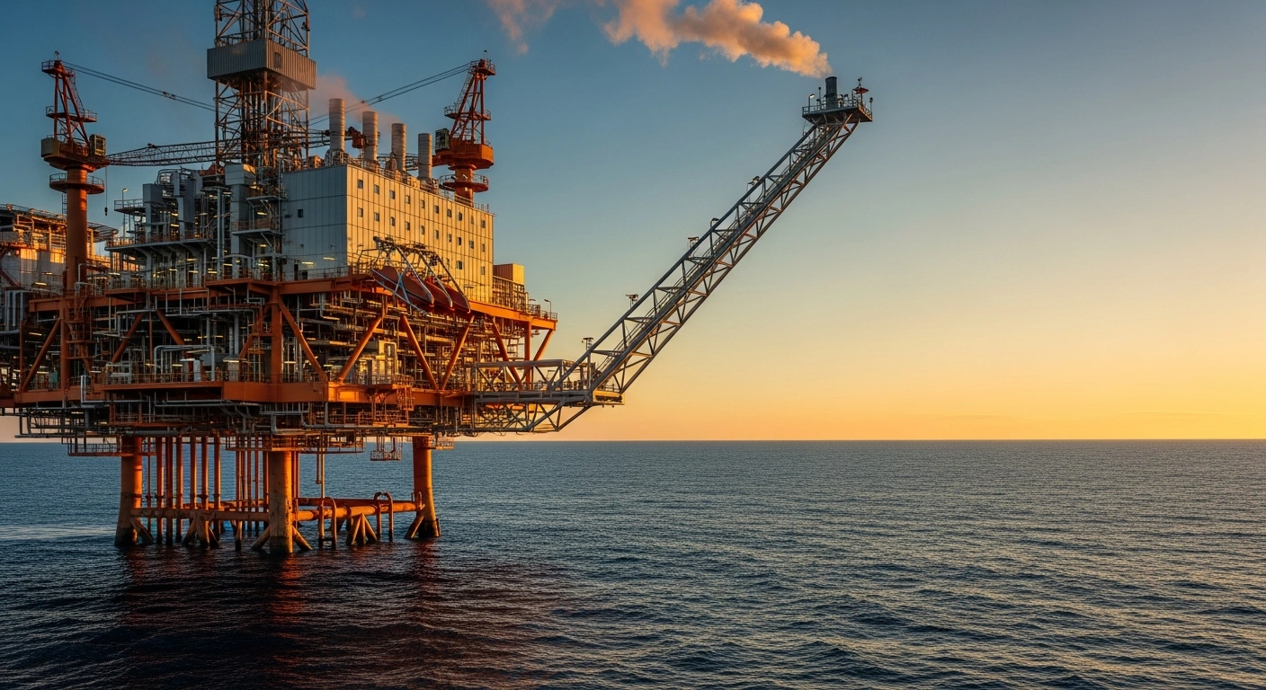 A large offshore oil rig platform operates in the ocean as Nigeria increases its daily crude oil production output.