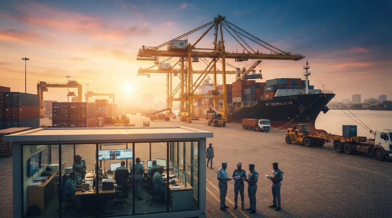 A busy Nigerian seaport with shipping containers and cranes operating efficiently to represent the Nigeria Customs Service streamlining port operations.