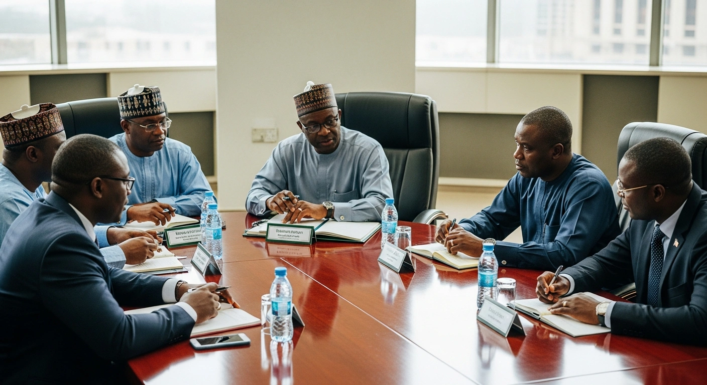 George Akume and government officials meet to plan the 27th Nigerian Democracy Day celebration in a formal boardroom setting.