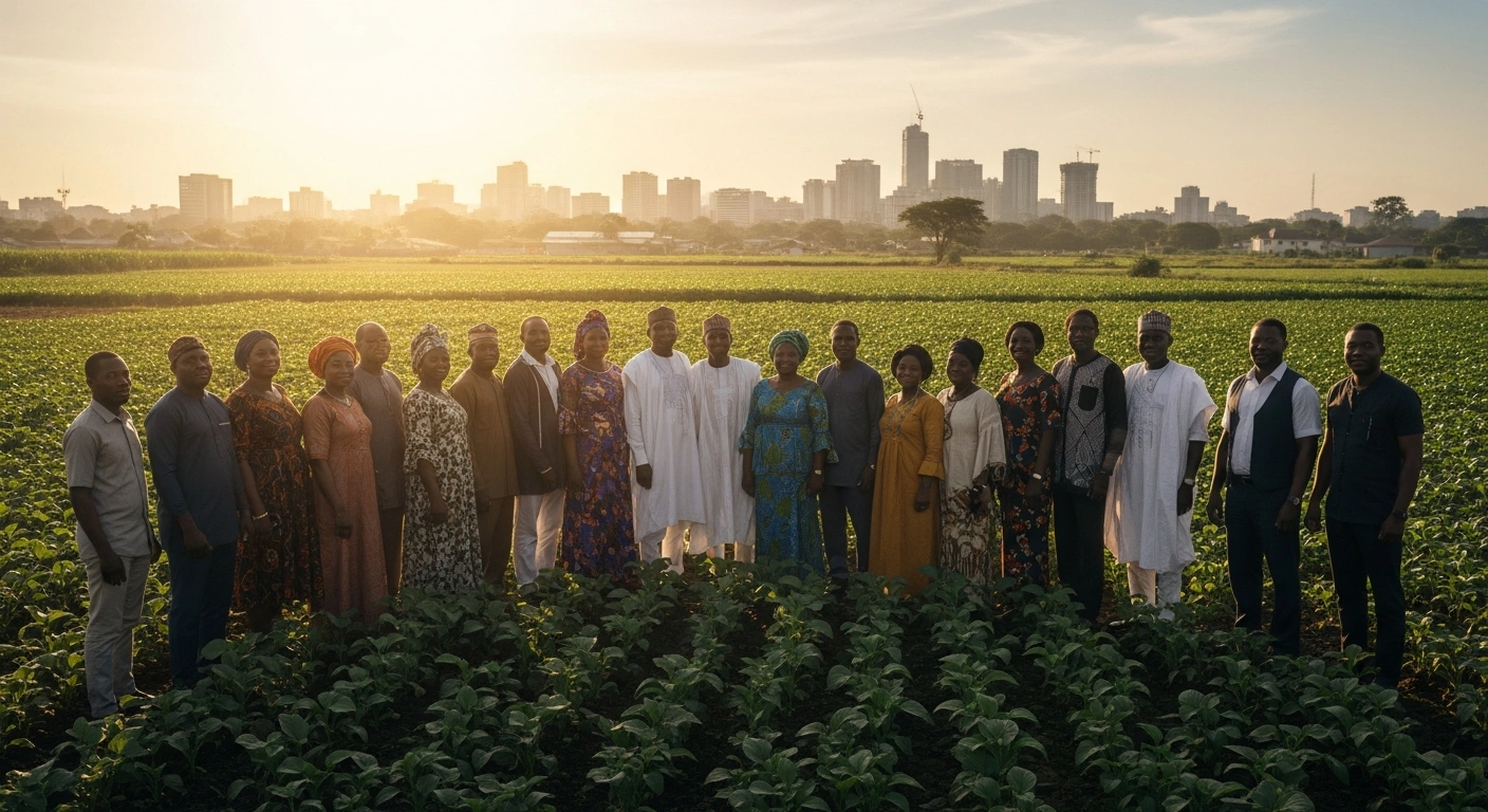 A diverse group of Nigerian citizens stands in a sunlit field as a representation of President Bola Tinubu's new social and development initiatives for economic support.