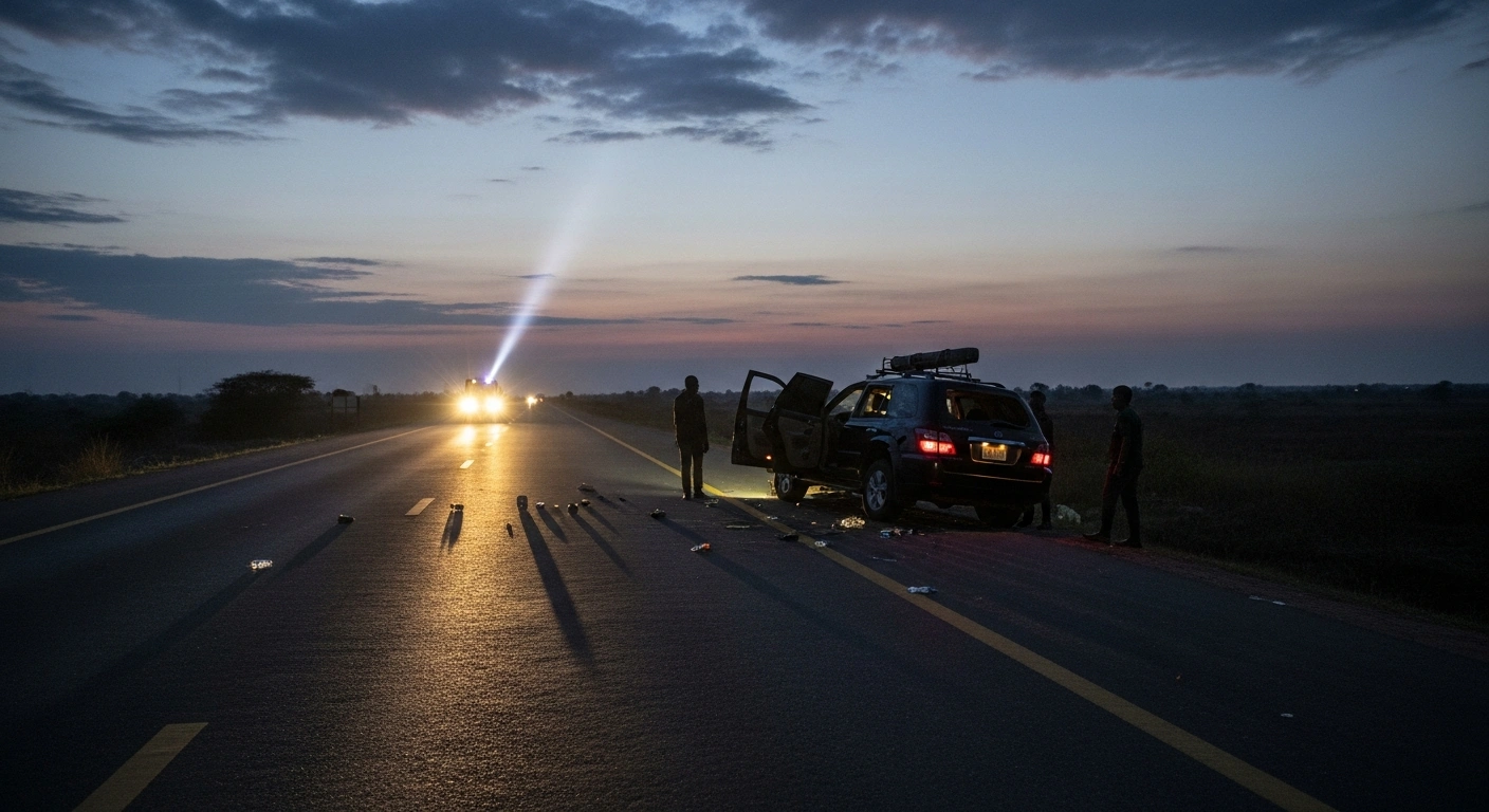 An abandoned dark vehicle with open doors sits on a desolate Kabba–Lokoja highway at twilight, surrounded by scattered personal effects, symbolizing the abduction of six female directors from Nigeria's Federal Ministry of Defence by gunmen in Kogi State, as a distant searchlight suggests ongoing operations.