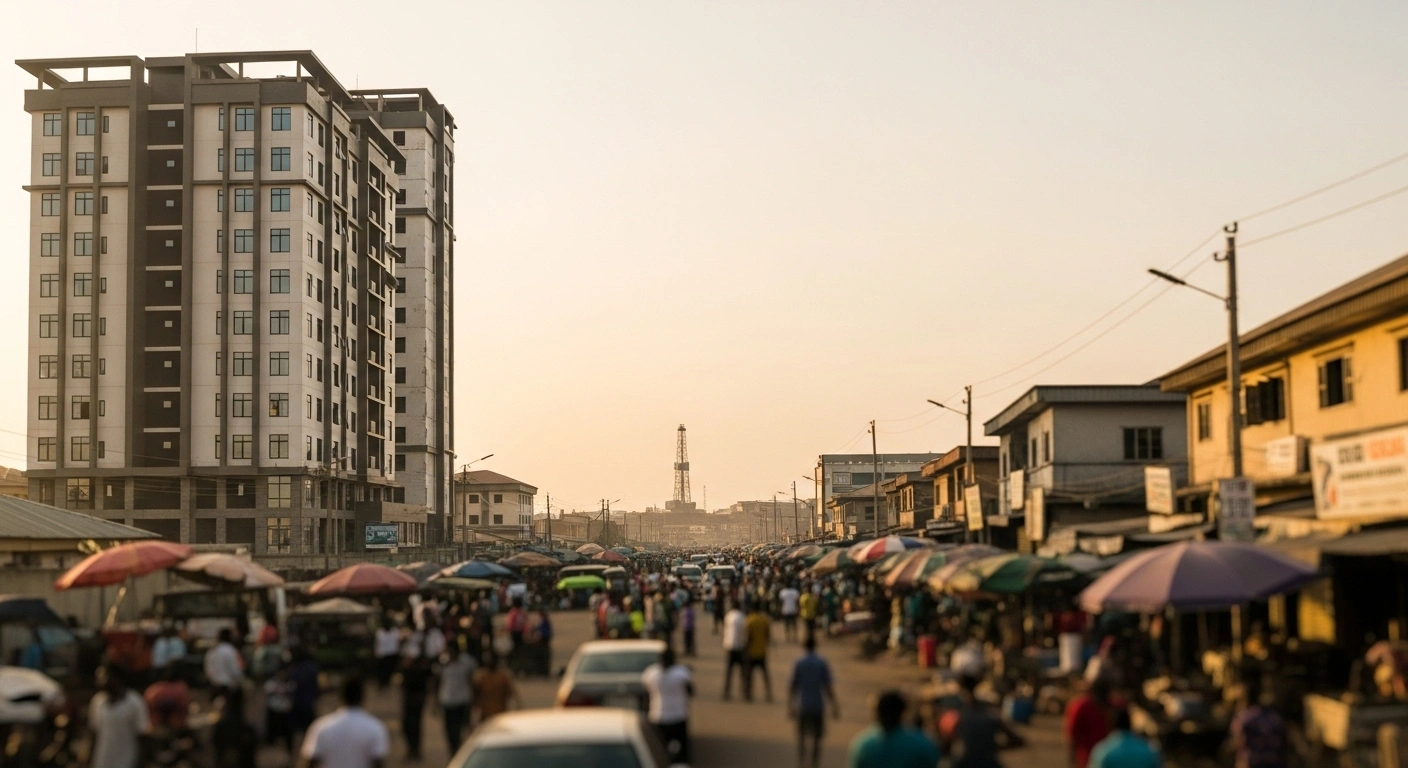 A wide, low-angle shot of a modern Nigerian cityscape at golden hour, featuring a sleek, newly constructed building, a bustling market street, and a distant oil rig, representing Nigeria's economic expansion, increased oil output, and resilient non-oil sectors.