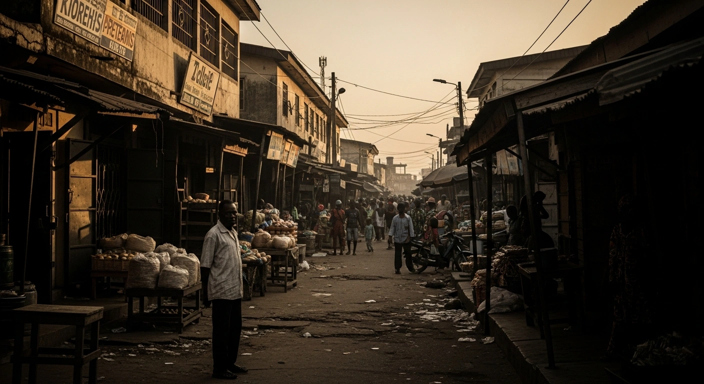 A person stands in a crowded Nigerian marketplace, representing the economic challenges and high poverty rate highlighted in the recent World Bank report.