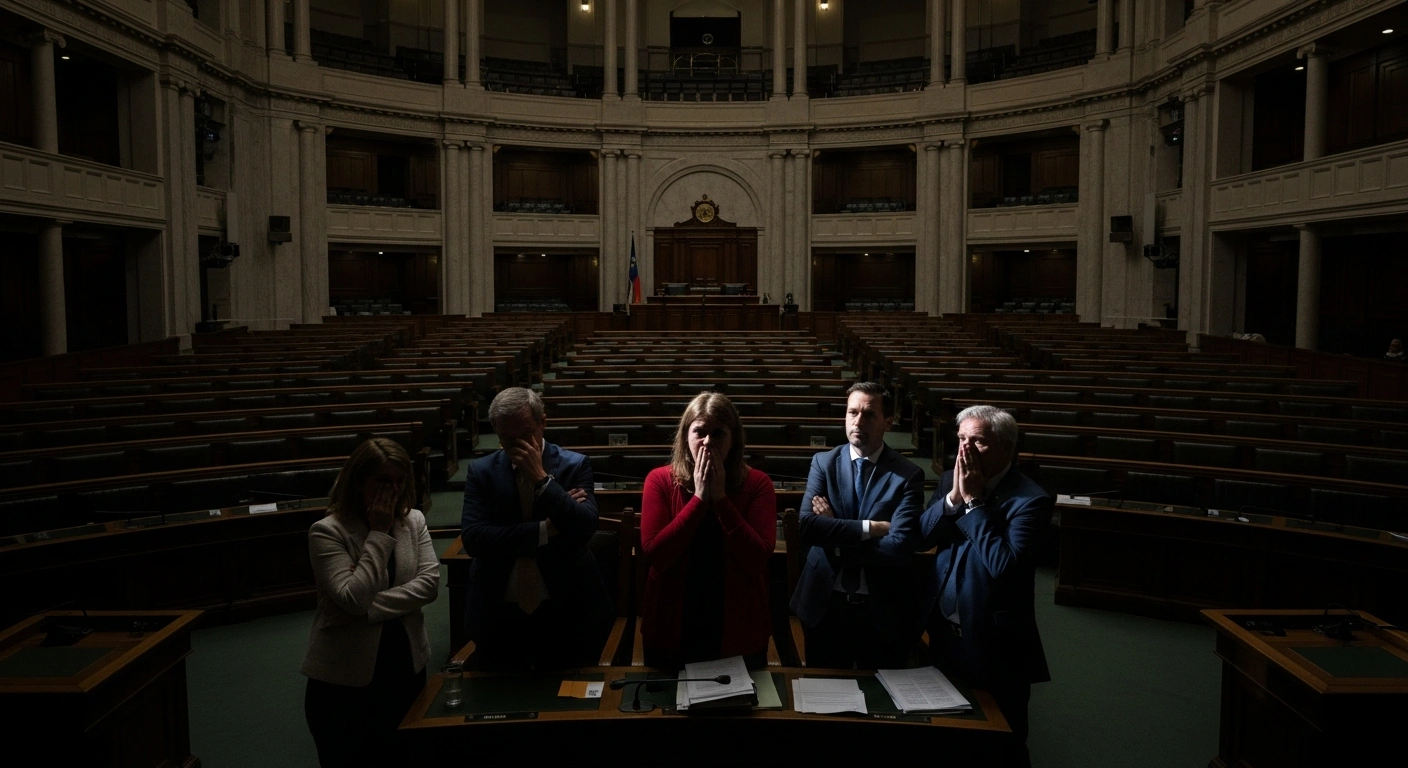 A group of figures, representing opposition lawmakers and civil society, stands in a dimly lit, grand parliamentary chamber, showing disappointment over a contentious decision regarding Nigeria's Electoral Act and the electronic transmission of election results.