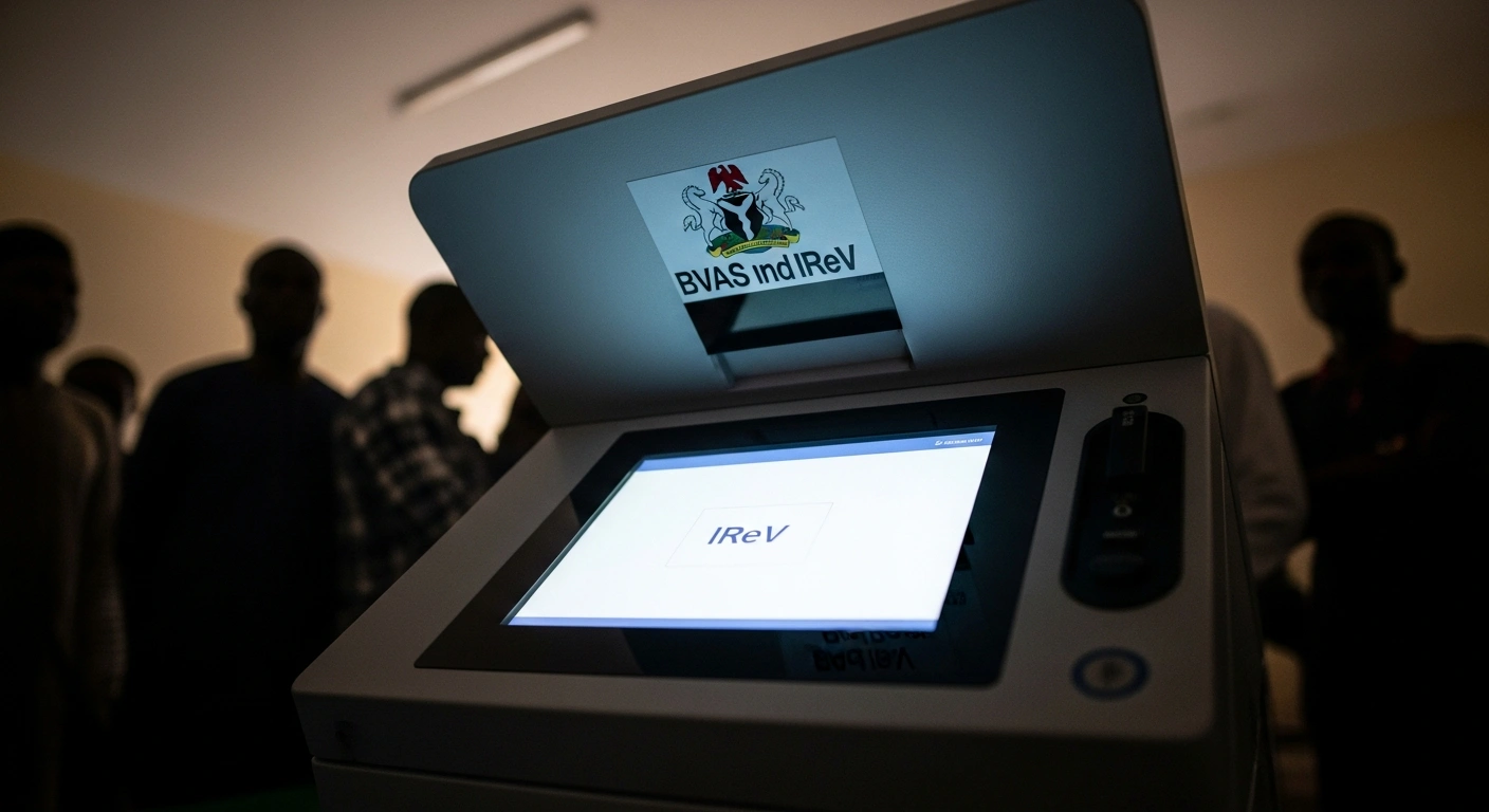 A low-angle, close-up shot of a sleek, illuminated electronic voting machine, symbolizing Nigeria's BVAS and IReV systems, with blurred figures of citizens in the background, representing the Independent National Electoral Commission's (INEC) testing of the Electoral Act 2026 in FCT, Rivers, and Kano states as a crucial rehearsal for the 2027 general elections.