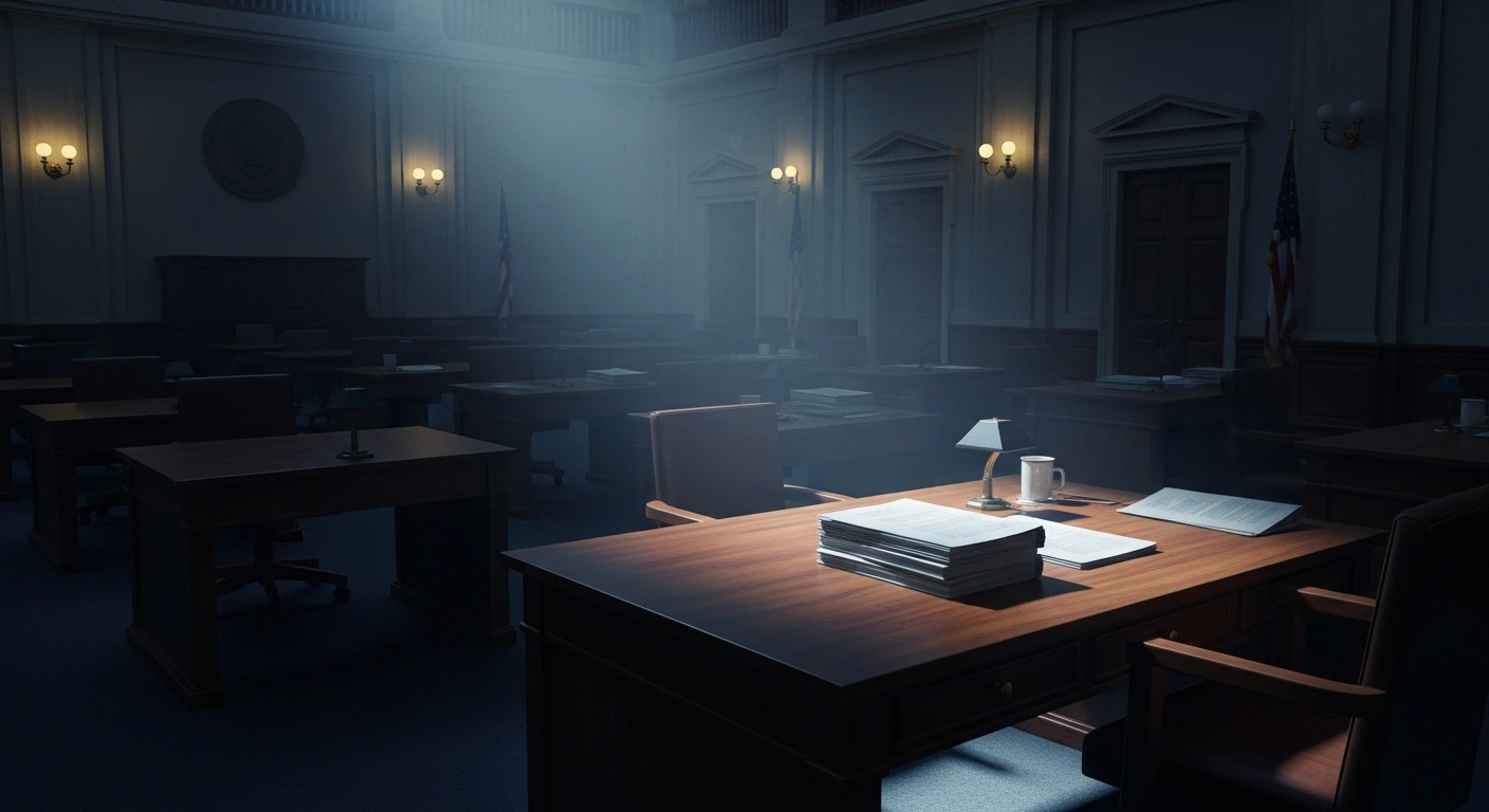 A dimly lit government chamber represents the formal investigation by the Nigerian House of Representatives into allegations of human trafficking and exploitation involving embassy officials in Mali.