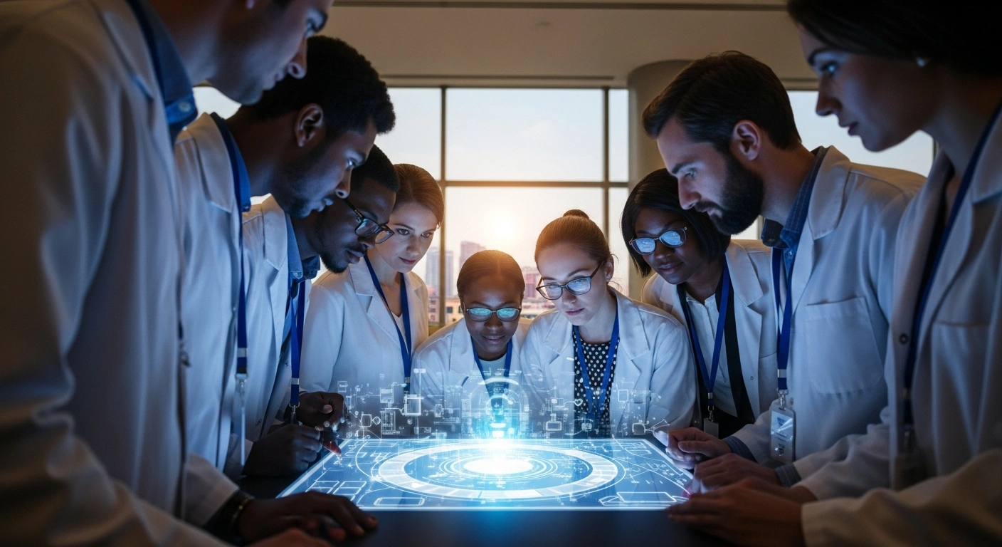 A diverse group of Nigerian and European scientists are shown collaboratively engaging with a futuristic glowing display in a modern conference hall in Lagos, Nigeria, symbolizing the upcoming Nigeria-EU Science and Innovation Day and bilateral Science & Technology Cooperation Agreement.