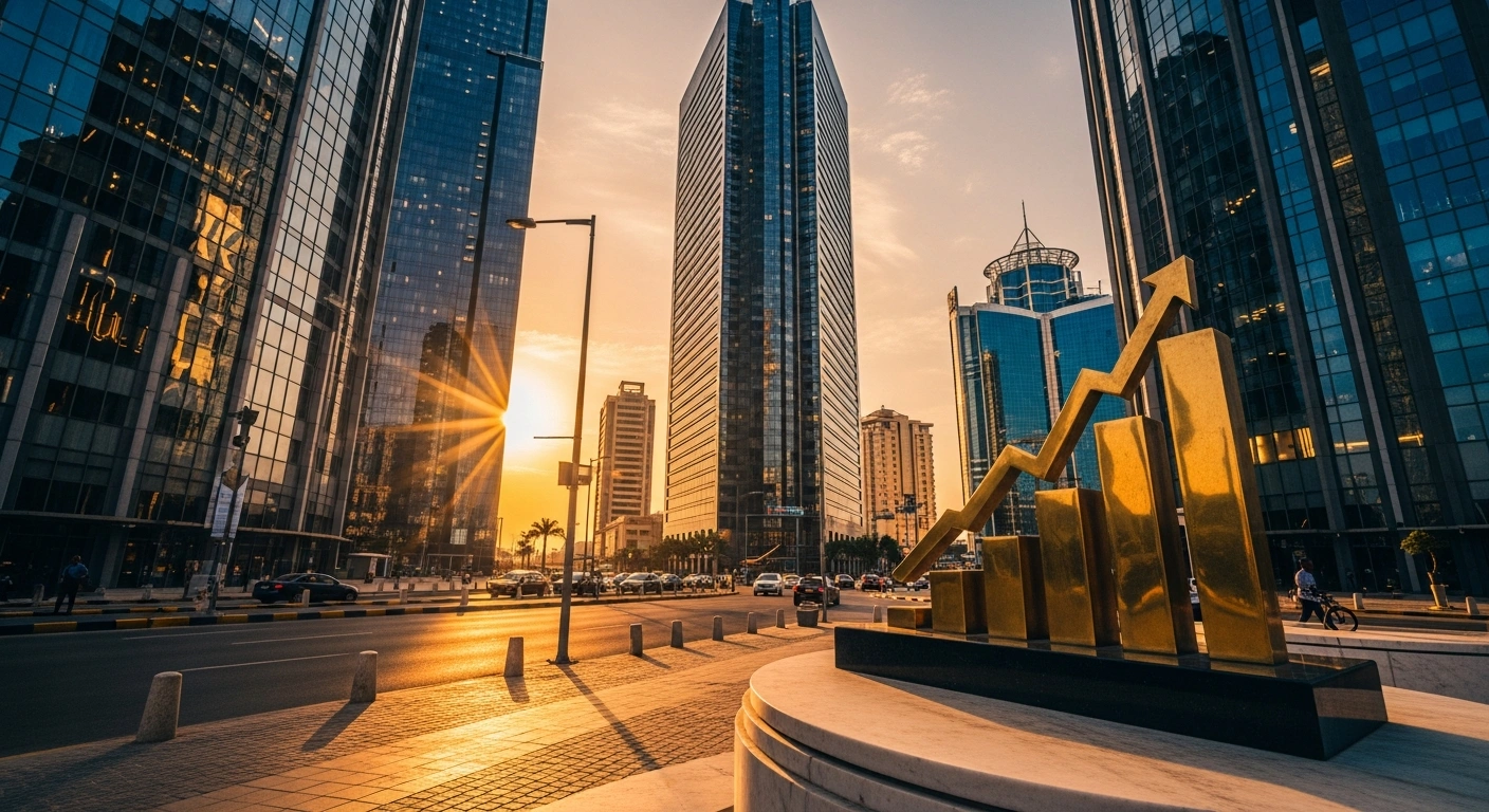 A modern financial district in Nigeria represents the country's external reserves rising above fifty billion dollars as the Central Bank of Nigeria stabilizes the economy.