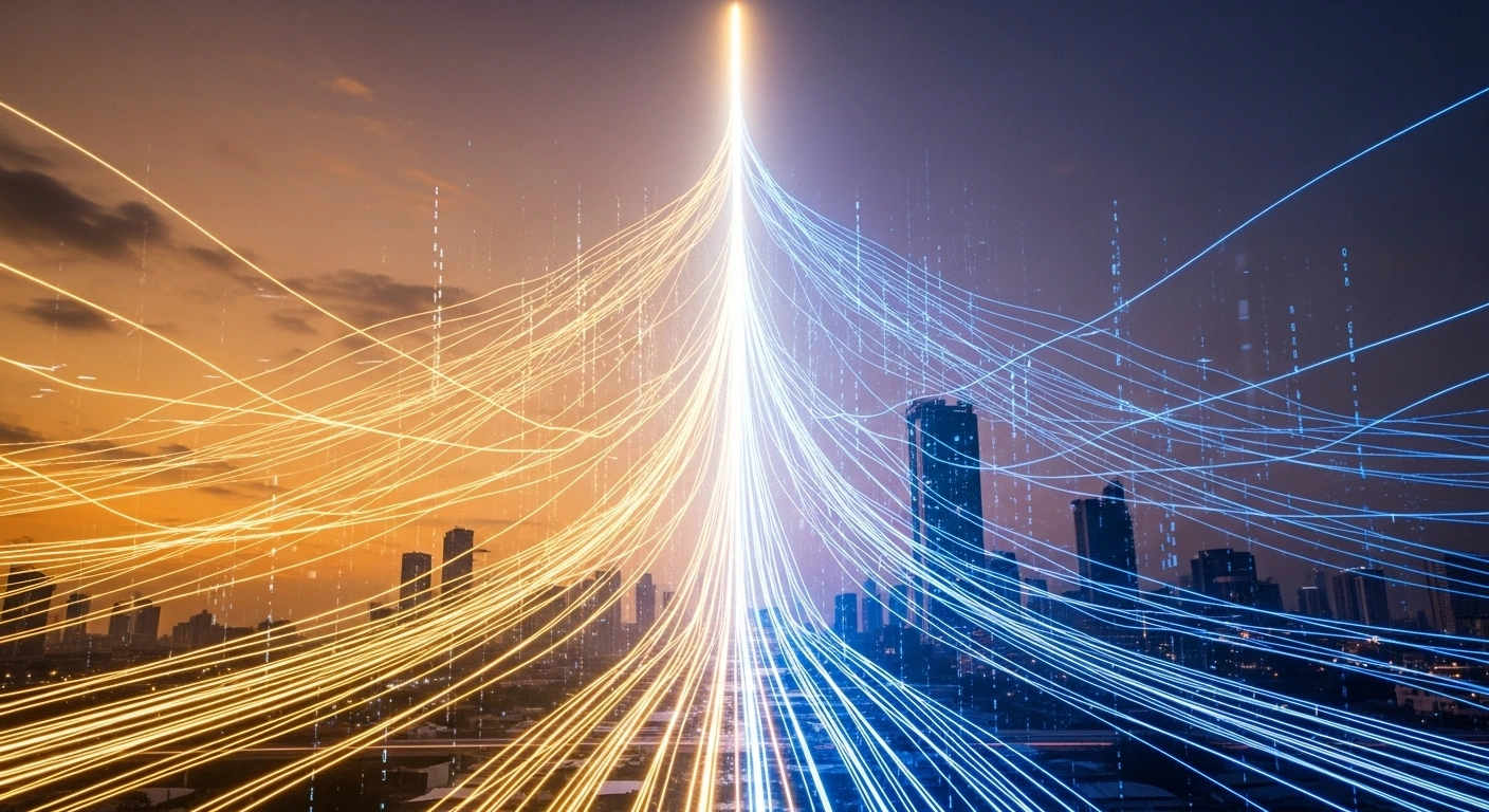 A wide-angle shot of a futuristic cityscape at dusk shows glowing digital data streams converging into a single, illuminated central conduit, symbolizing Nigeria's proposed unified Fintech Regulatory Commission streamlining oversight, fostering innovation, and enhancing consumer protection in its financial technology sector.