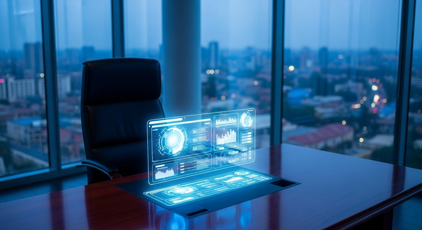 A modern office workspace in Nigeria features a glowing digital interface representing the Federal Inland Revenue Service e-invoicing mandate.