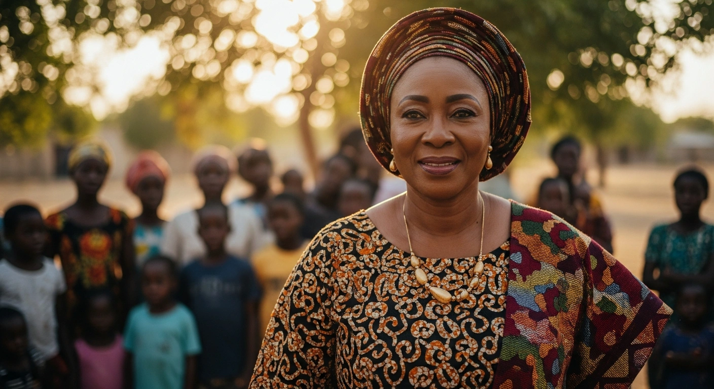 Nigeria's First Lady Oluremi Tinubu stands in a community space to show support for refugees and internally displaced persons on World Refugee Day.
