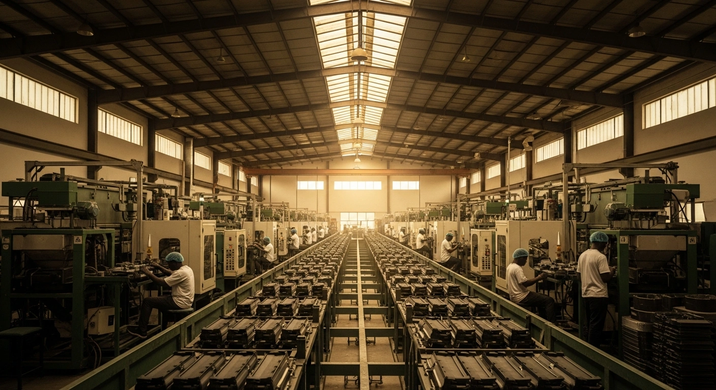 A bustling, modern Nigerian manufacturing facility with skilled workers operating machinery under warm light, symbolizing Senator John Owan Enoh's call to strengthen domestic production and create jobs through a 'Nigeria-First' policy.