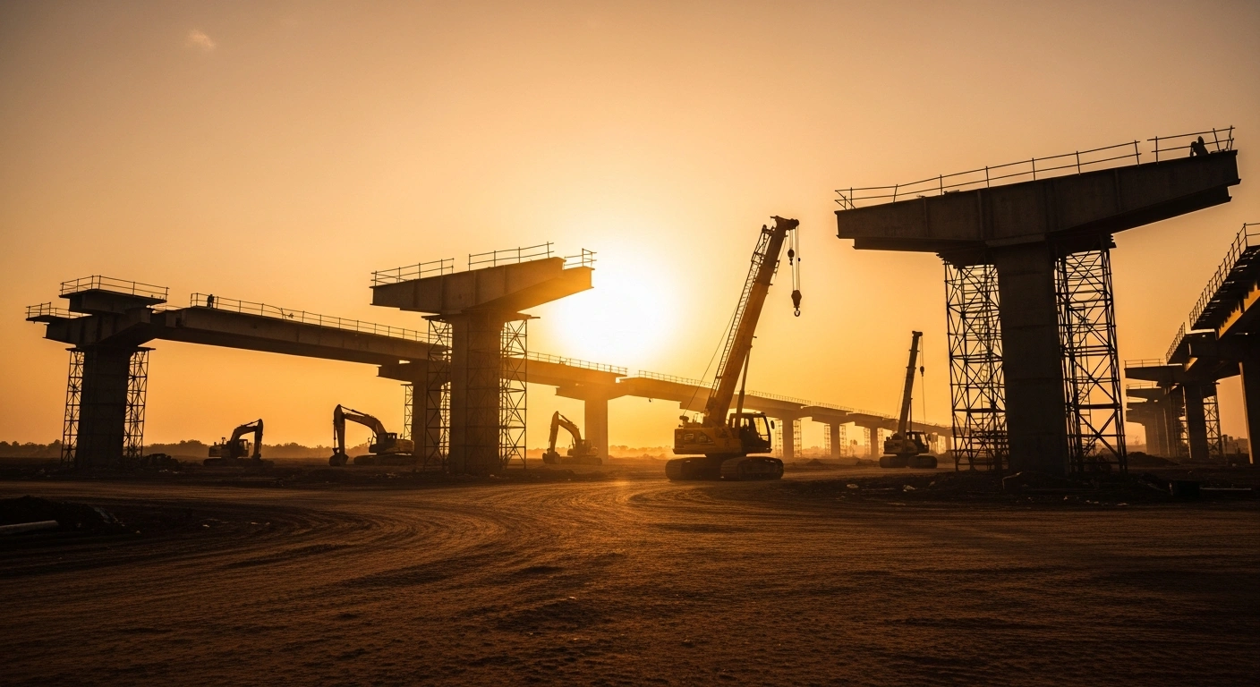 A wide-angle shot of a large-scale construction site in Nigeria during sunset, representing the government's increased fiscal borrowing for infrastructure development.