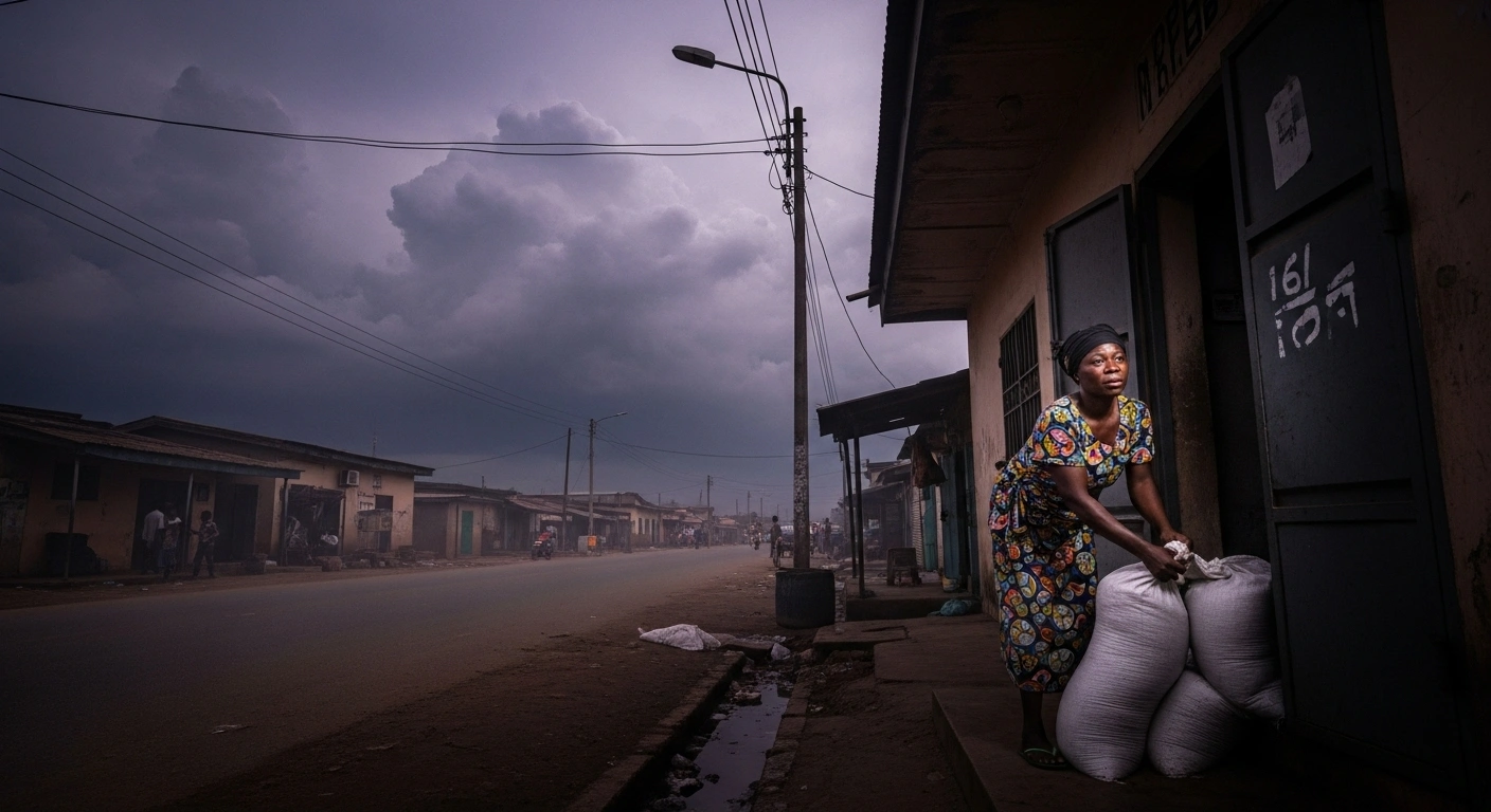 A wide shot of a Nigerian street under a heavy, cloudy sky, showing a person securing sandbags near a doorway, illustrating precautionary measures against predicted heavy rainfall and potential flooding in Nigeria.