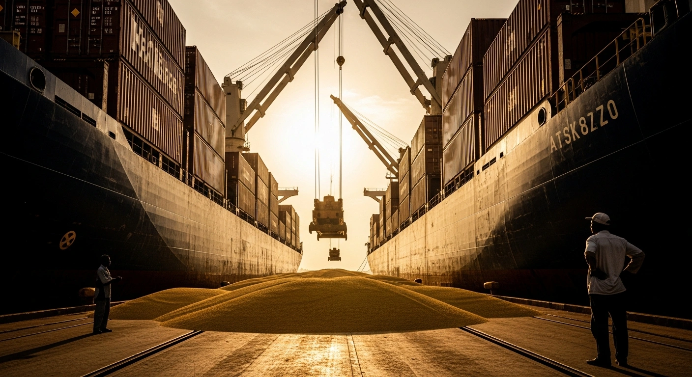 A large cargo ship unloads food imports at a busy Nigerian port, illustrating the nation's significant spending on foreign agricultural products.