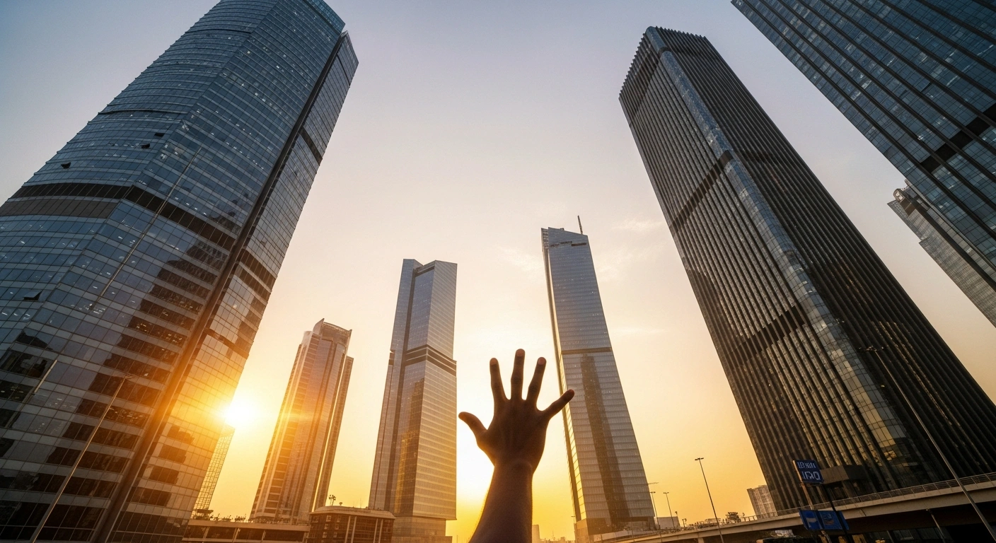 A wide-angle, low-angle shot of a futuristic Lagos skyline at dawn, with a silhouetted hand reaching upwards, symbolizing Nigeria's significant surge in foreign capital inflows to $20.98 billion by 2025, driven by renewed investor confidence and foreign exchange market reforms.