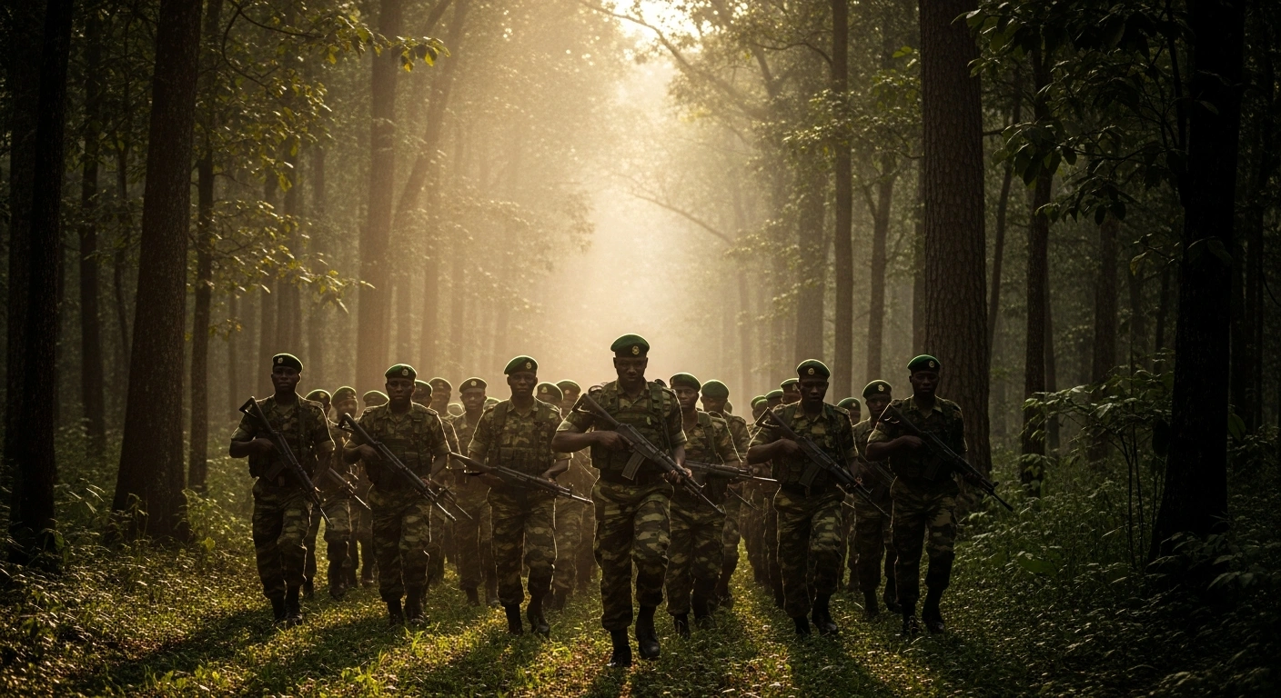 A disciplined formation of newly trained Nigerian forest guards, part of the 7,000 deployed by the Federal Government, emerges from a dense, ancient forest at dawn, their determined expressions illuminated by golden light, symbolizing their mission to combat banditry and reclaim forest territories in northern states.