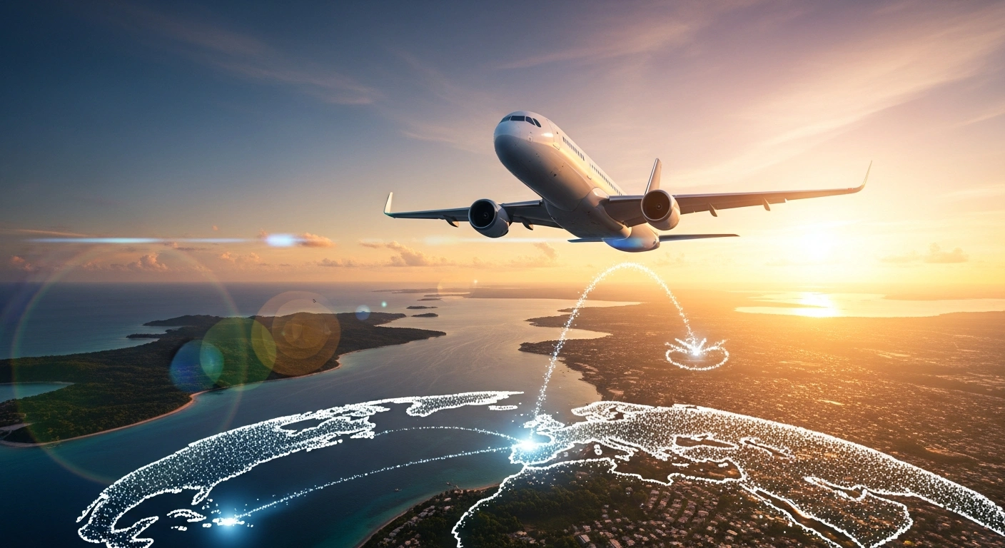 A modern passenger jet flies across a sunset sky, representing the new bilateral economic and travel cooperation between Nigeria and Grenada.