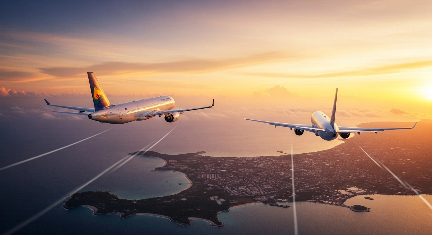 A commercial airplane flies across a sunset sky, representing the new bilateral air link and tourism partnership between Nigeria and Grenada.