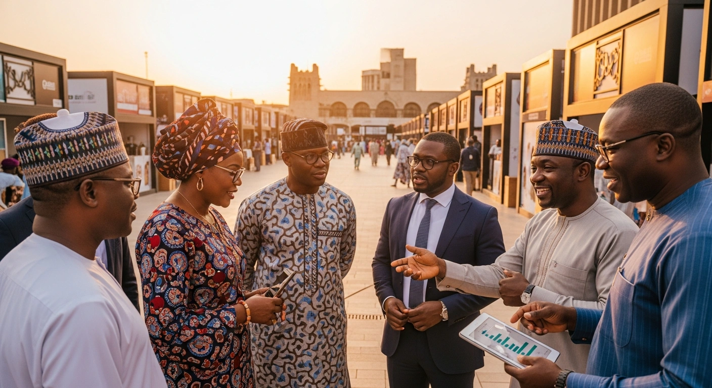 A vibrant, modern Nigerian market square at dusk, bustling with diverse business people discussing economic growth, symbolizing Nigeria's National Halal Economy Strategy endorsed by the Senate Committee on Finance to tap into the global halal market and boost GDP.