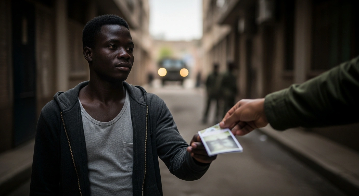 A young Nigerian man, appearing hopeful and vulnerable, stands before a shadowy figure offering documents, with a blurred, ominous background suggesting foreign armed conflict, symbolizing the dangers of illegal recruitment into wars like the Russia-Ukraine conflict.