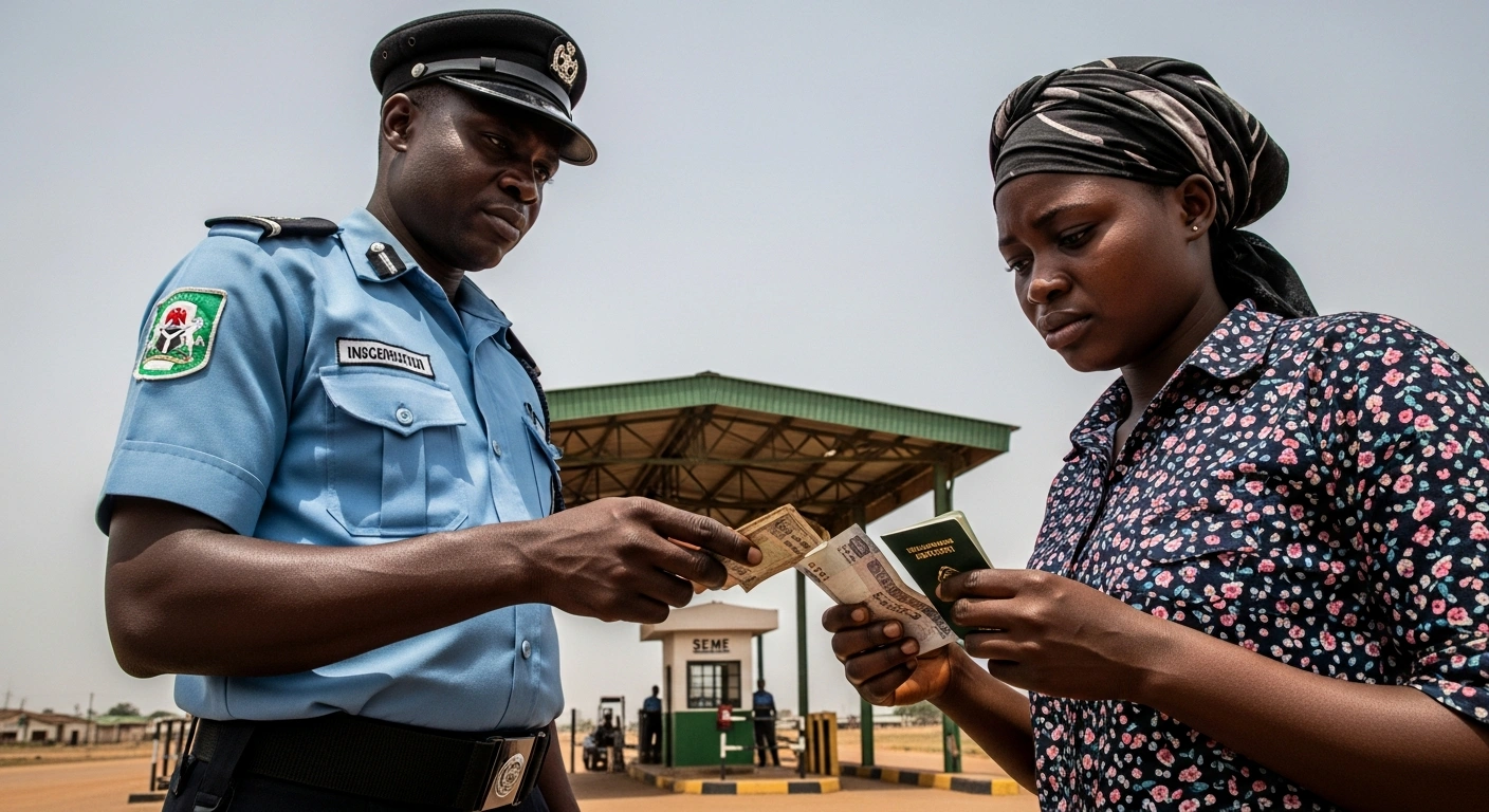 A Nigeria Immigration Service officer in uniform stands at the Seme border, looking sternly at a Nigerian woman, Blessing Etim, who holds a passport and money, depicting the alleged extortion incident under investigation.
