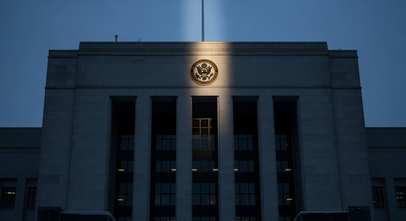 The architectural facade of a government building with an official seal illuminated by a strong beam of light, symbolizing Nigeria's Independent National Electoral Commission (INEC) announcing a revised timetable for the 2027 general elections, moving presidential and National Assembly polls to January 16, 2027, in compliance with the Electoral Act 2026.