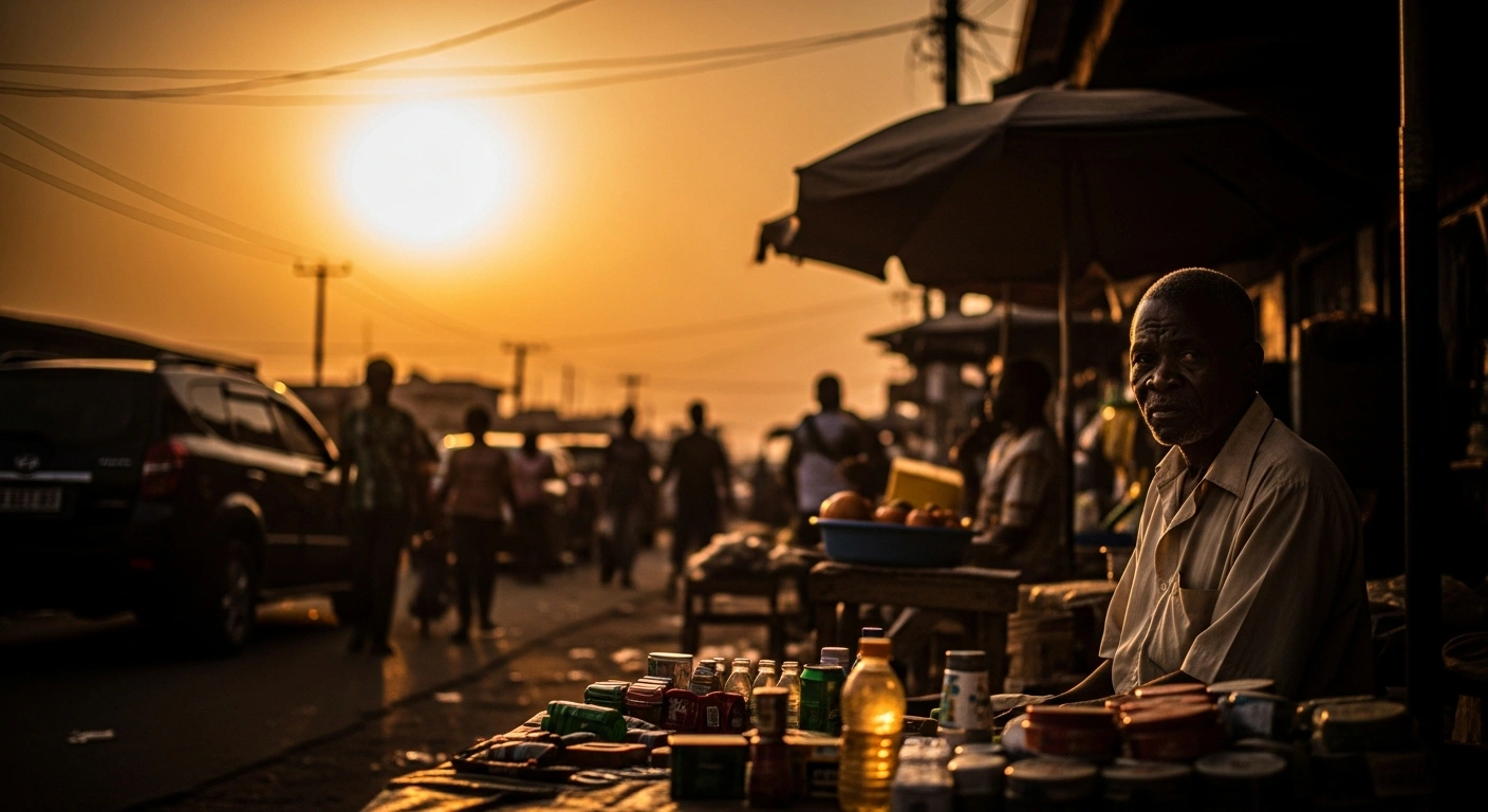 A merchant sits in a Nigerian marketplace as the rising inflation rate impacts consumer prices across the country.