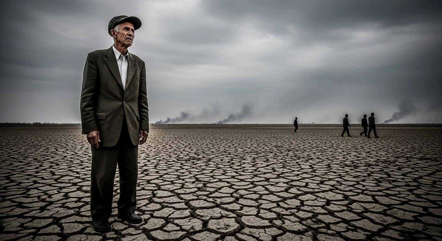A solemn, elderly man stands on cracked, parched earth under a heavy, grey sky, symbolizing Nigeria's grave concerns over escalating insecurity, widespread kidnappings, banditry, and severe economic challenges like soaring inflation and high unemployment.